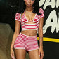 Womens Striped Shorts Set Casual Slim Fit Stylish Short Sleeve T-shirt Halter Bra and Mid Rise Shorts 3 Pcs Set Summer