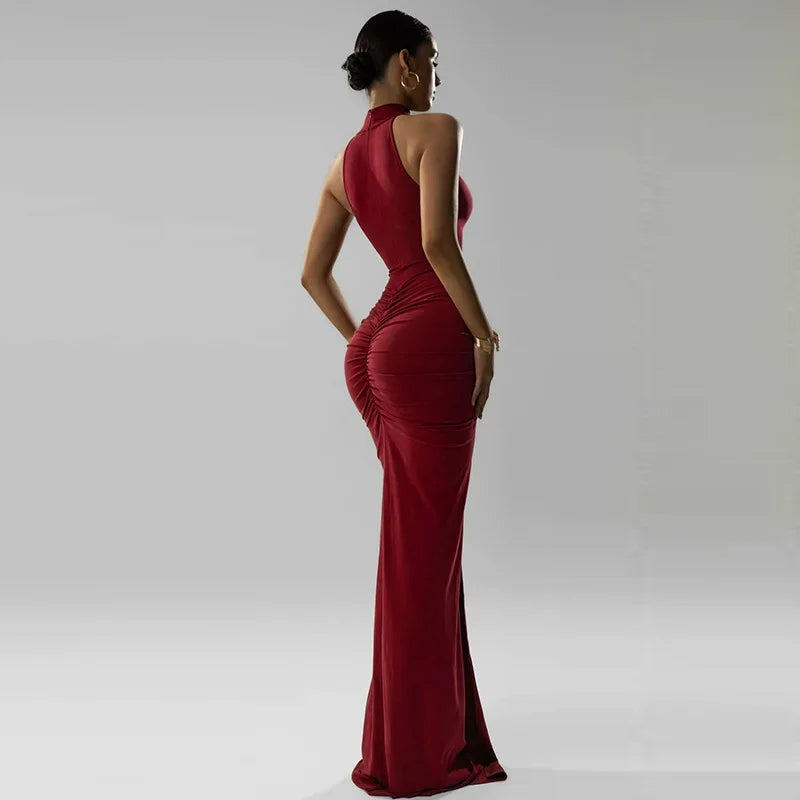 Sleeveless Ruched Split Maxi Dress Black Burgundy Elegant Evening Dresses Woman Sexy Club Outfit for Womens