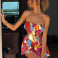 Sexy Off Shoulder Strapless Dress Women Colorful Print  Backless Ruched Ruffles Vacation Y2K Sweet Style Mini Bodycon