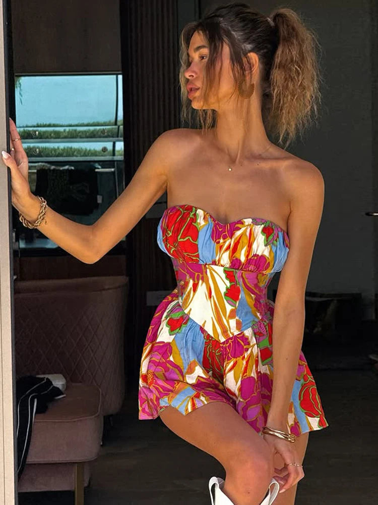 Sexy Off Shoulder Strapless Dress Women Colorful Print  Backless Ruched Ruffles Vacation Y2K Sweet Style Mini Bodycon