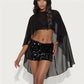 Women Chiffon Black Shawl Sheer Mesh Flowy Wraps High Low Cape Ponchos See Through Ruffle Capelet Evening Dresse