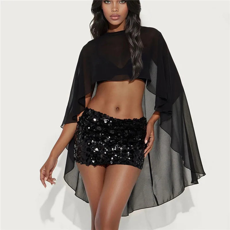 Women Chiffon Black Shawl Sheer Mesh Flowy Wraps High Low Cape Ponchos See Through Ruffle Capelet Evening Dresse