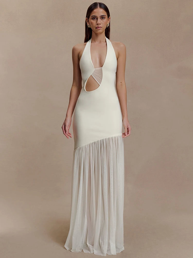 Hollow Out Halter Backless Sexy Maxi Dress Women Gown Elegant Patchwork V Neck Sleeveless Bodycon Club Party Long Dress