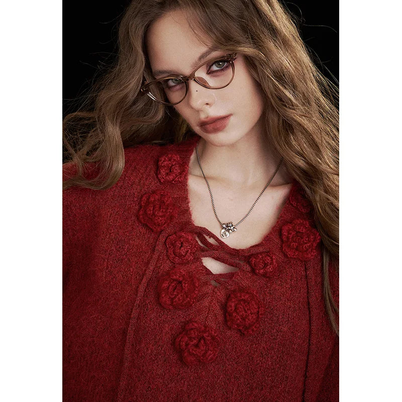 Y2K Design Loose Solid 3D Rose Drawstring Tie Sweater For Women