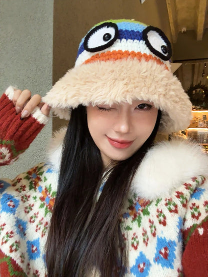 Cute Rainbow Striped Crochet Eye Plush Brim Hat For Women