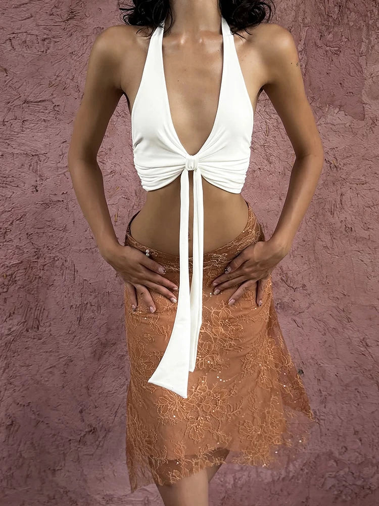 Hater Backless Bandages Ruched Crop Tank Top+Jacquard Patchwork Skirt Hottie Sexy 2 Piece Set Women Fashion Streetwear