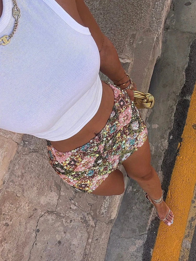 Sequins Sexy Mini Skirt Women Fashion Multicolour Pattern Sparkle High Waist A-line Sexy Beach Club Party Hot Skirts