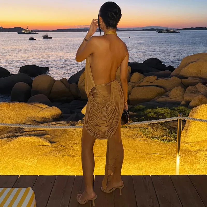 Sexy Open Back Mini Dress Plunging Cowl Neck Cascading Side Drapes Beach Vacation Dresses for Woman