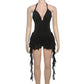Sexy Black Jumpsuits Street Wear Rave Outfits Deep V Mesh Ruffle Fringe Rompers Woman Summer Clothes 2025