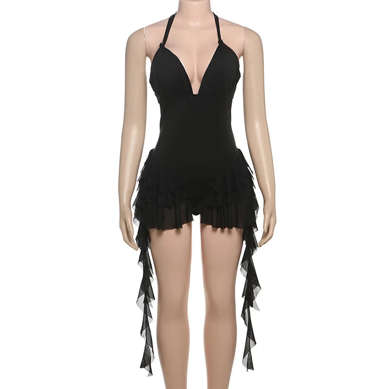Sexy Black Jumpsuits Street Wear Rave Outfits Deep V Mesh Ruffle Fringe Rompers Woman Summer Clothes 2025
