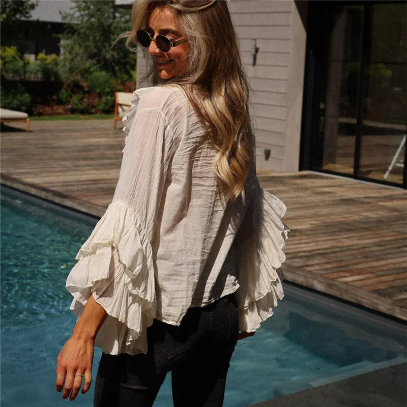 Elegant Women Ruffle Sheer Blouse Casual Loose V Neck Long Sleeve Shirts for Spring Summer Vintage Streetwear