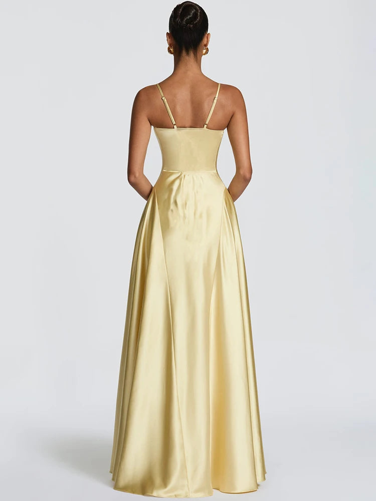 Satin Spaghetti Strap Sexy Maxi Dress Women Elegant Deep V Neck Sleeveless Backless Pleated Evening Club Party Dresses