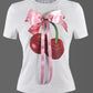 Bow Appliques T-Shirt Woman Summer Casual Cherry Print Short Sleeve Wild O-neck Party Streetwear Skinny Crop Tops