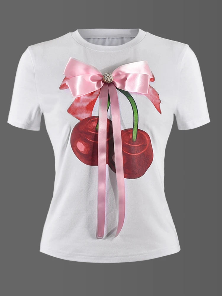 Bow Appliques T-Shirt Woman Summer Casual Cherry Print Short Sleeve Wild O-neck Party Streetwear Skinny Crop Tops