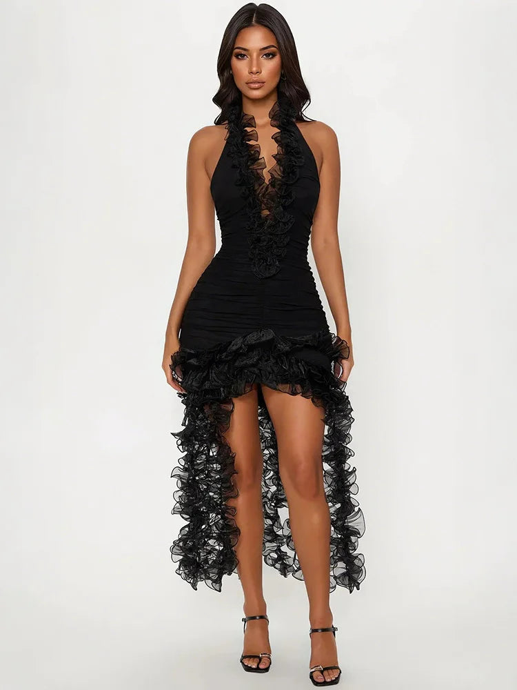 Sexy Deep V-Neck Dress Women Halter Backless Irregular Mesh Ruffles Tassel Patchwork Hem Birthday Party Solid Bodycon