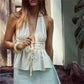 Ladies Boho Halter Top Deep V Backless Drawstring Peplum Camisole Women Summer Beach Vacation Sleeveless Tank Top