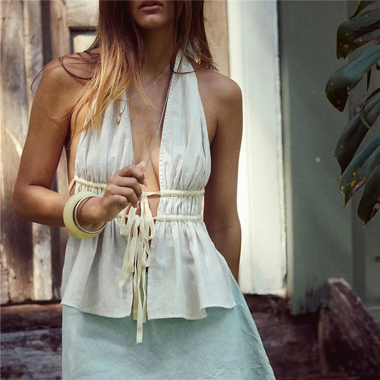Ladies Boho Halter Top Deep V Backless Drawstring Peplum Camisole Women Summer Beach Vacation Sleeveless Tank Top
