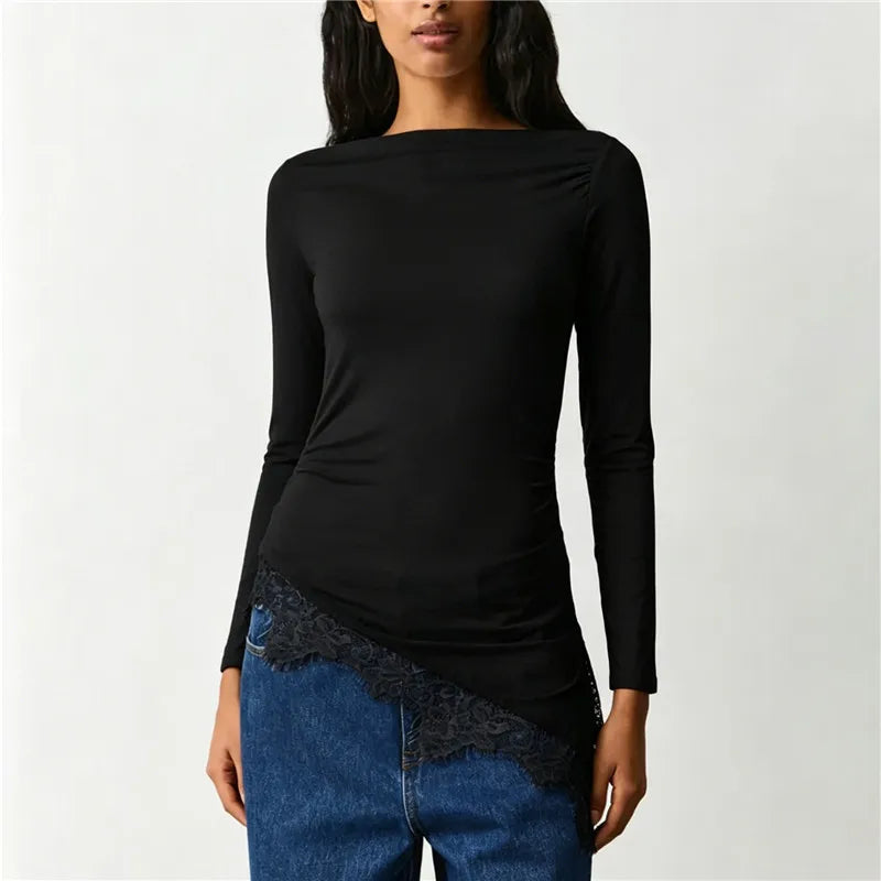 Women Boat Neck Long Sleeve Slim Fitted Top Ruched Side Asymmetrical Lace Hem Y2K Casual Daily Spring Fall Blouse Tops