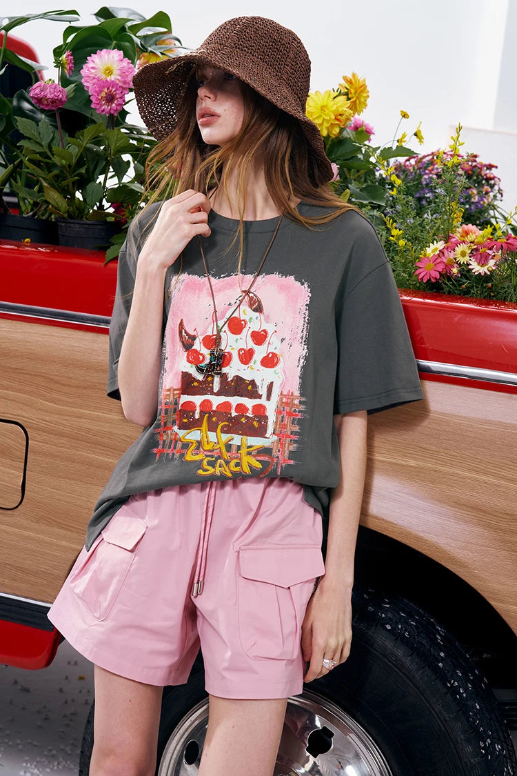 Women's Oversized Drop Shoulder T-Shirt, Graffiti Cake Print Double Gauze Tee, Casual Versatile Summer Short Sleeve Top