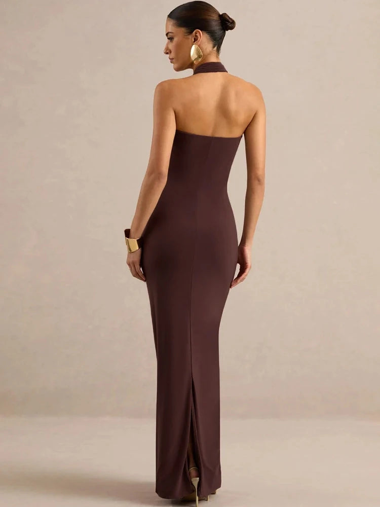 Women Halter Backless Maxi Dress Metal Buckle Decor Draped Sash Ruched Bodycon Long Dress Evening Party Wedding Dress
