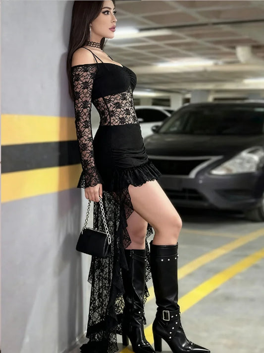 Irregular Hem Dress Women Slash Neck Sexy See Through Bandages Jacquard Lace Full Sleeve Ruched Ruffled Party Bodycon