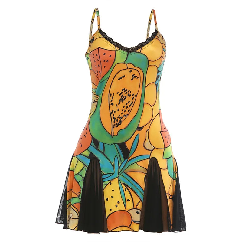 Multicolor Fruit Print Spaghetti Strap V Neck Mini Dresses 2026 Woman Sexy Clothes