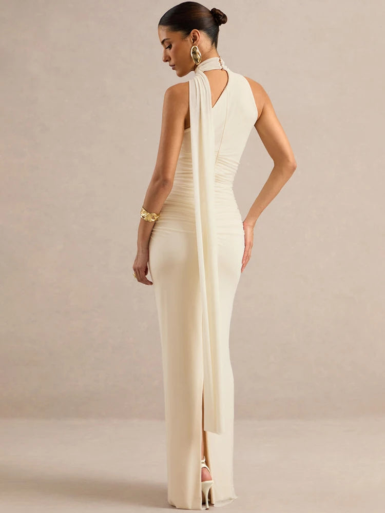 Women Halter Neck Draped Ruched Maxi Dress Sleeveless Backless Split Bodycon Evening Elegant Wedding Party Long Dress