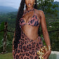 Leopard Print 2 Piece Set Women Lace-Up Halter Bra Tops+Irregular Hollow Waistless Maxi Dress Vacation Fashion Suit