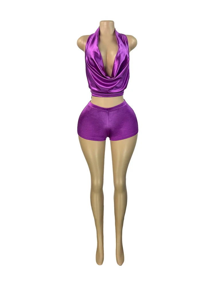 Sexy Fashion Silky 2 Piece Set Women Halter Swing Collar Backless Crop Tops+Skinny Shorts Hottie Street Hipster Suits