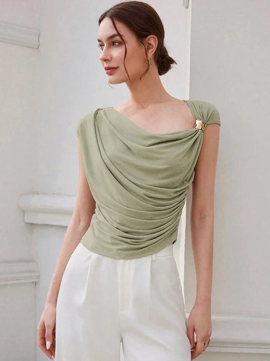 Irregular Metal Knots Tops Women Sexy Pleated Skinny High Stretch Solid Daily Casual Simple Streetwear Basic Tees