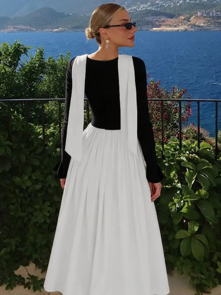 Patchwork Long Sleeve Sexy Maxi Dress Women Fashion Autumn Winter Contrast Color O Neck Pleated Club Party Long Dresses