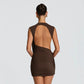 Asymmetric Ruched Mesh Sleeveless Backless Mini Dresses 2026 Woman Party Dress Brown White