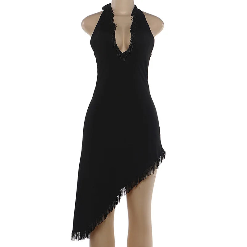 Deep V Neck Fringed Dress 2026 Fashion Sexy Black Asymmetric Midi Dresses for Woman Party Wear