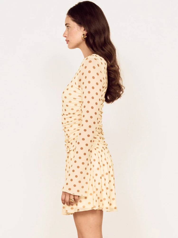 Women Polka Dot Mini Dress Long Flare Sleeve Round Neck Mesh Ruched Waist Pleated A‑Line Short Party Casual Dresses