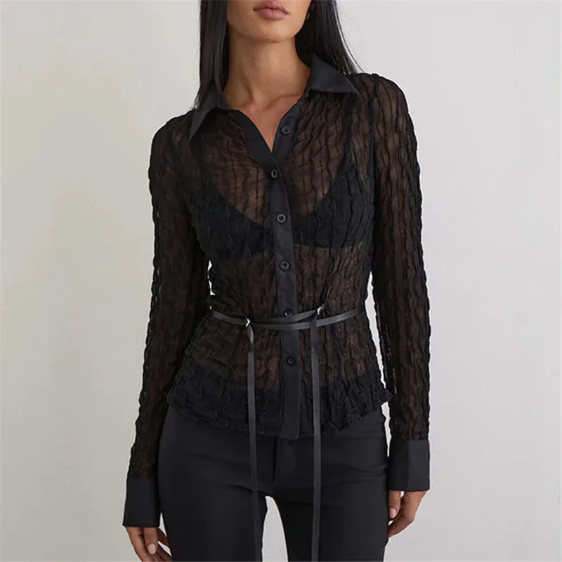 Women Y2K Shirt Long Sleeve Shirts Blouse Button-down Stripes Fall Spring Sheer See Through Tops Vintage Streetwear
