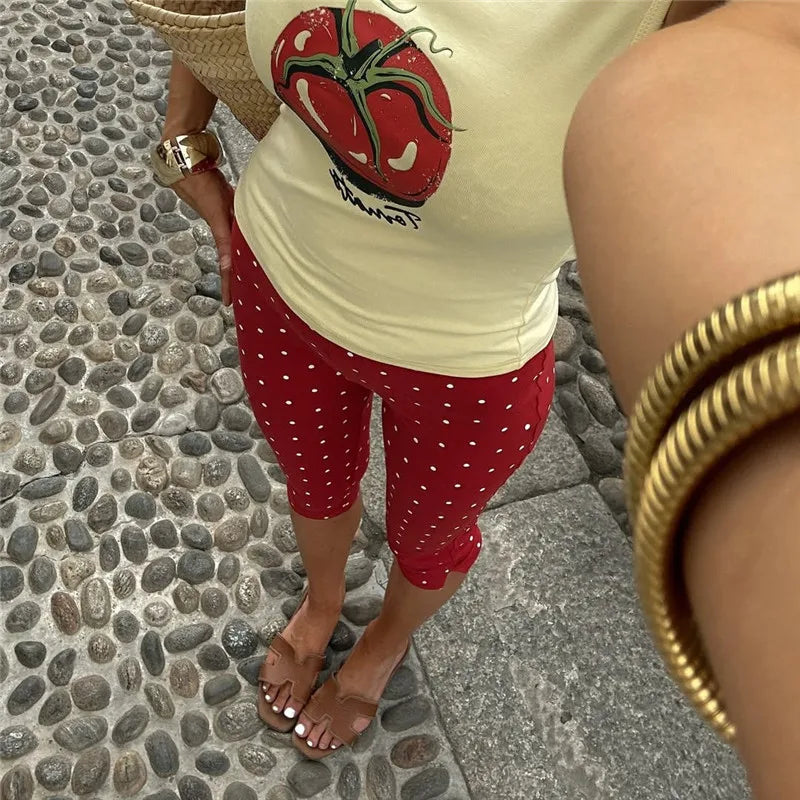 Women Polka Dot Print Capri Pants Y2k High Waist Skinny Knee Length Sexy Yoga Capris Leggings Cropped Trousers Workout