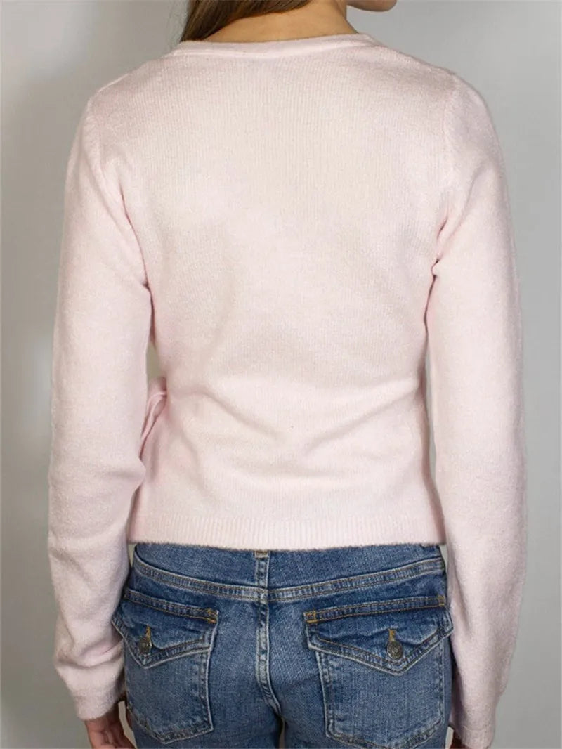 Women Y2K Wrap Cardigan Fairy V Neck Side Tie Long Sleeve Loose Fit Crop Sweater Top Preppy Fall Winter Knitwear