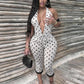 Polka Dot Print Patchwork Lace Playsuit Women Bandage Backless Deep v-Neck Sleeveless Sexy Summer Fashion Outfits