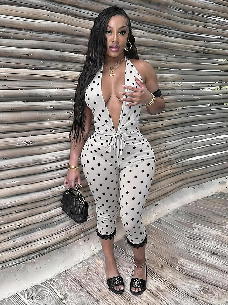 Polka Dot Print Patchwork Lace Playsuit Women Bandage Backless Deep v-Neck Sleeveless Sexy Summer Fashion Outfits