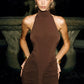 Turtleneck Backless Ruched Sexy Maxi Dress Women Brown Off-shoulder Backless Bodycon Club Party Long Dresses Female