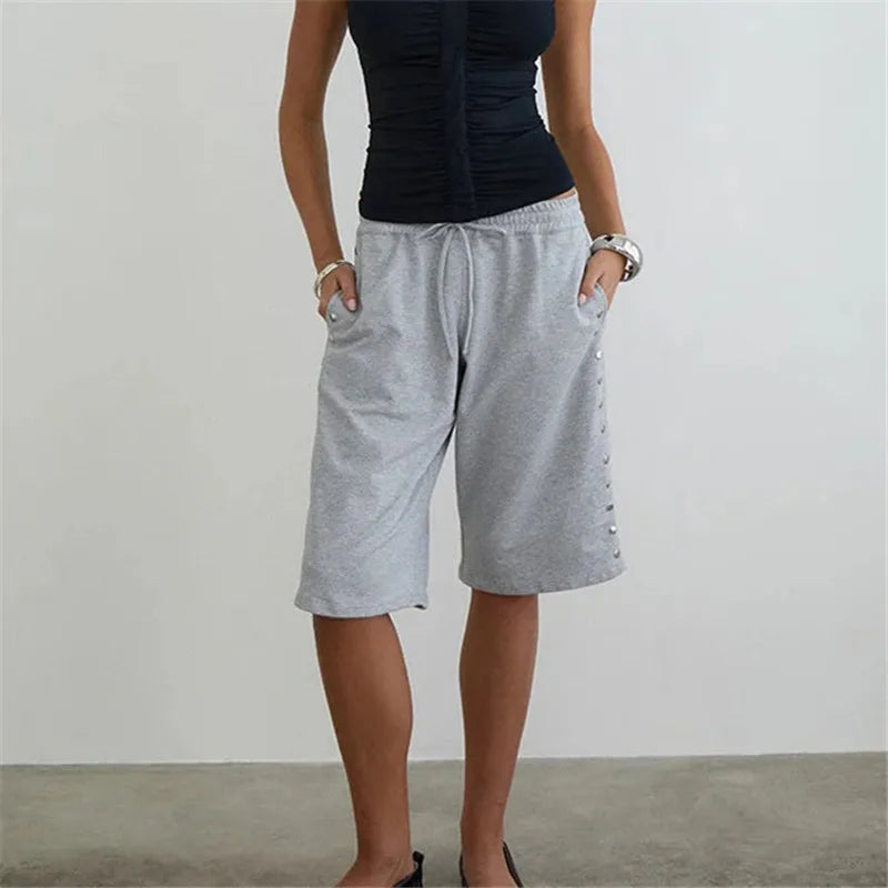 Women's Knee Length Sweat Shorts with Side Snap Buttons Drawstring Waist Casual Loose Fit Summer Y2K Streetwear