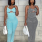 Sexy Crochet Stripe 2 Piece Set Women Hollow Halter Metal buckle Tank Top+Skinny Stretch Pants matching Streetwear