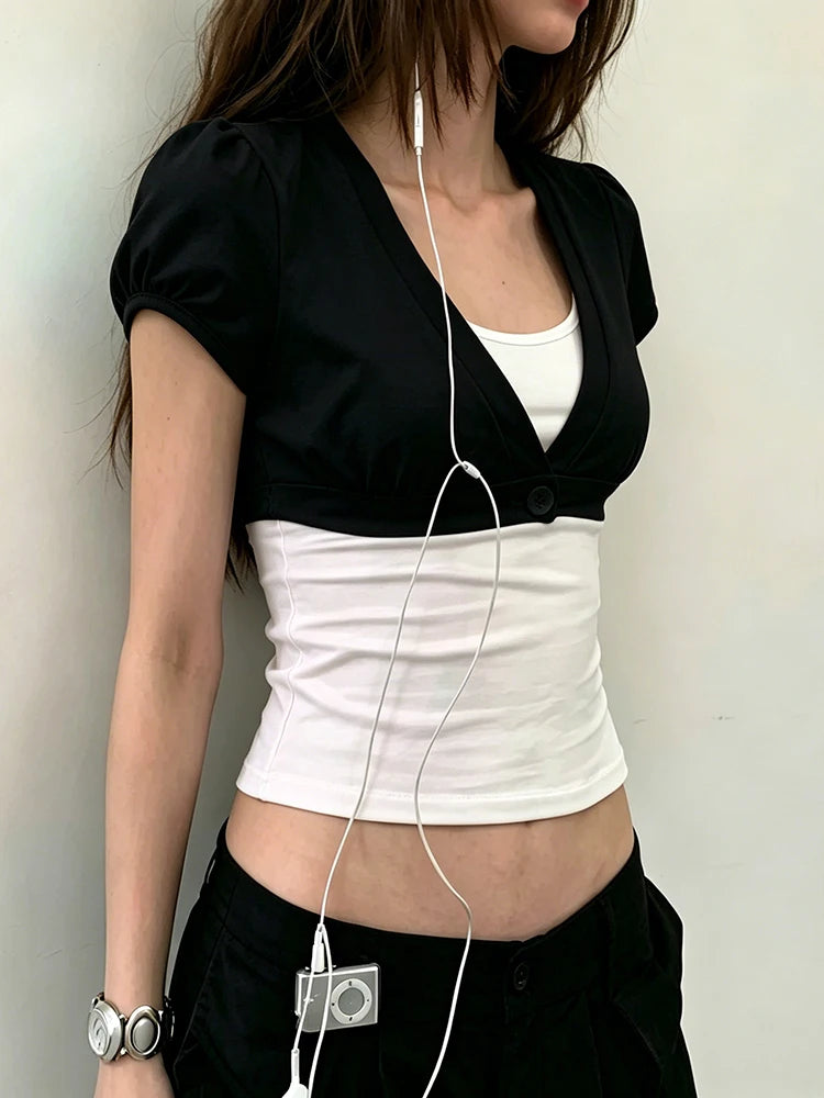 Dopamine Style t-Shirt Women Button Deep v-Neck Puff Sleeve Sexy High Street Hottie Simple Classic Casual Clubwear