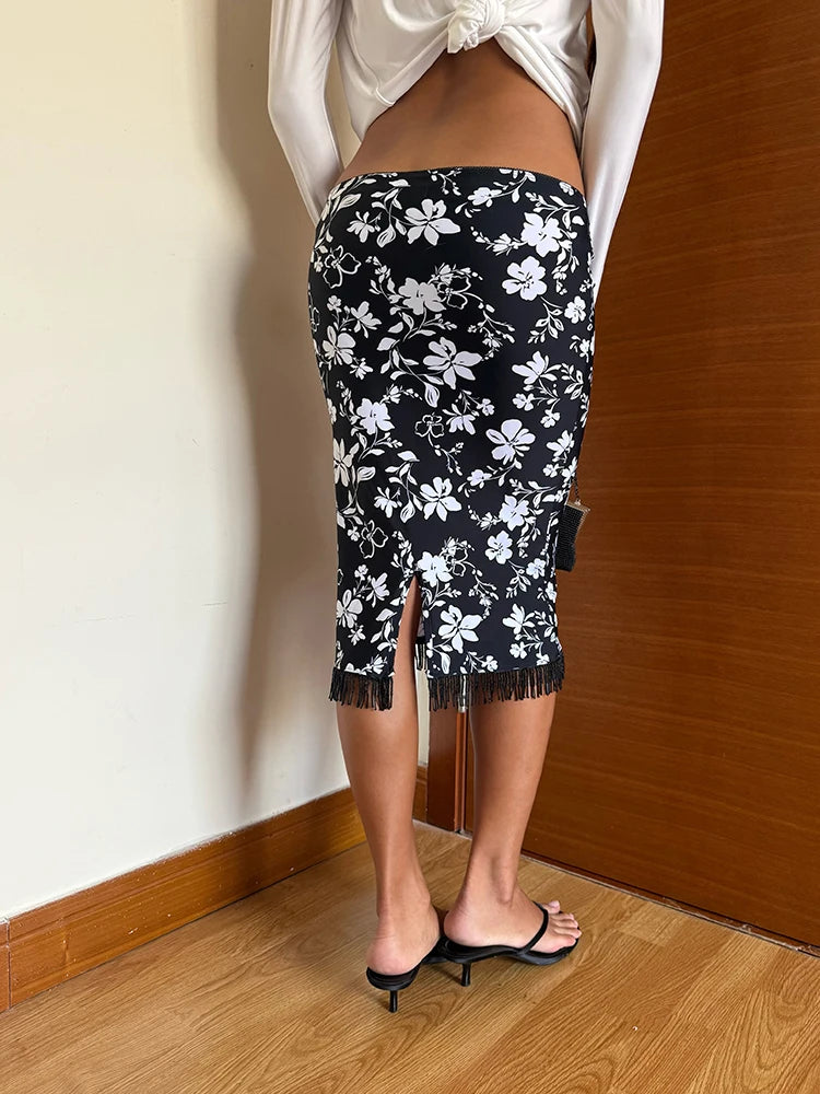 Back Slit Tassel Skirt Women Floral Print Elastic Waist Elegant Office Style Daily Summer Fashion Party Chic Streetwear