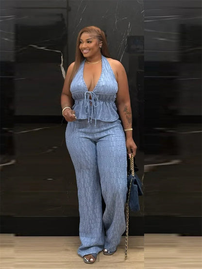 Sexy Fashion 2 Piece Set Woman Halter Low-Neck Backless Lace-Up Design Tank Tops+Jacquard Long Pant Street Style Suit