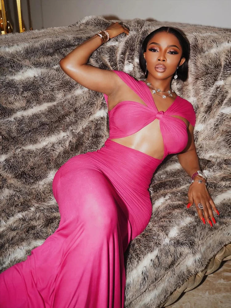 Sexy Hollow Maxi Dress Women V-Neck Off Shoulder Ruched Skinny Peach Hip Midnight Fashion Prom Party Elegant Vestidos