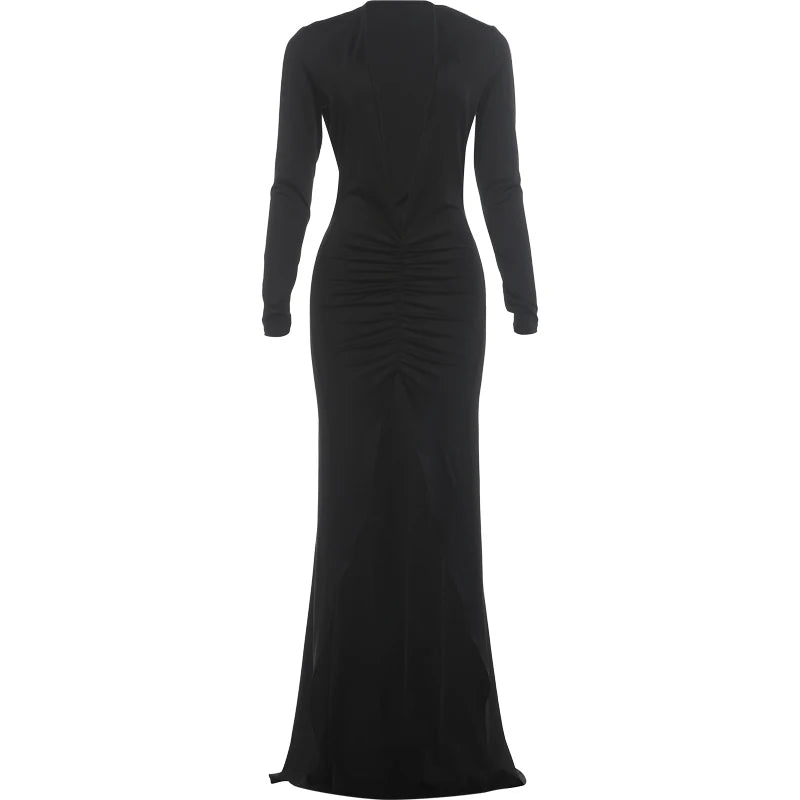 High Split Elegant Deep V-Neck Dress Women Sexy Simple Ruched Full Sleeve Fashion Classic Banquet Party Club Maxi Bodycon