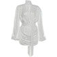 Lantern Sleeve Sexy Deep V-Neck Mesh Dress Women Trend Polka Dot Print Ruched Patchwork Chic Party Peach Hip Mini Bodycon