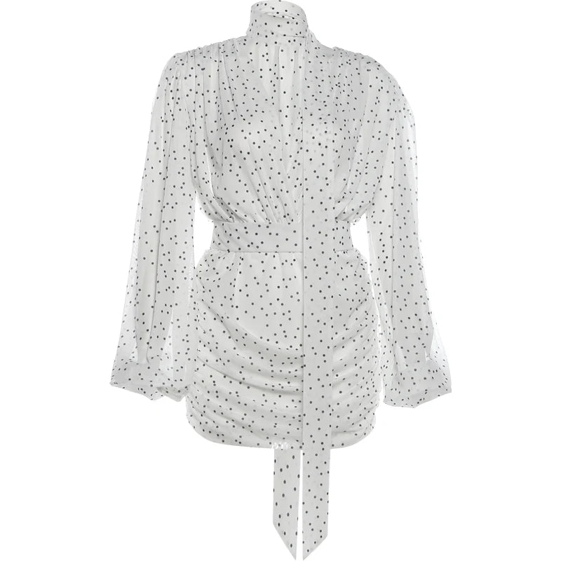 Lantern Sleeve Sexy Deep V-Neck Mesh Dress Women Trend Polka Dot Print Ruched Patchwork Chic Party Peach Hip Mini Bodycon