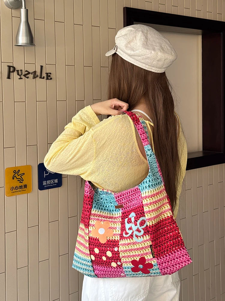 Colorful Crochet Tote Bag, Bohemian Floral Print Knit Shoulder Bag, Casual Summer Beach Bag for Women